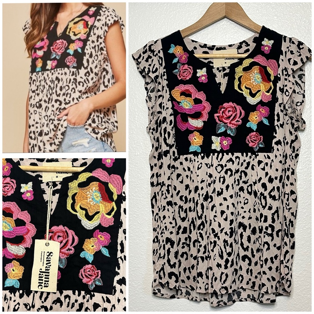 Savanna Jane Women's Leopard Floral Embroidered Top